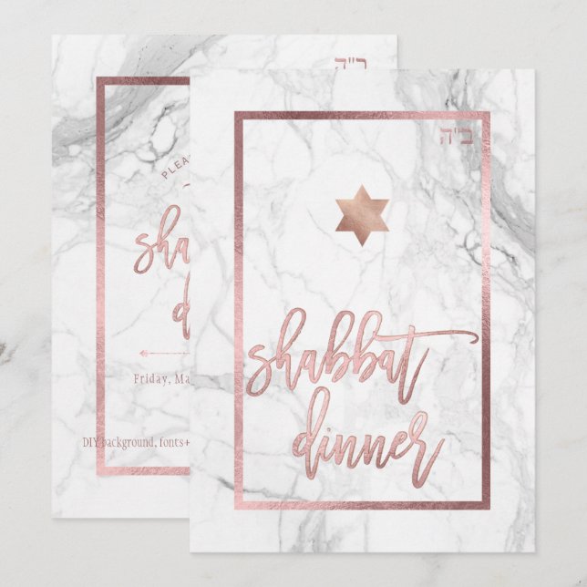 PixDezines Shabbat Dinner/Marmor/Rose Gold Einladung (Vorne/Hinten)