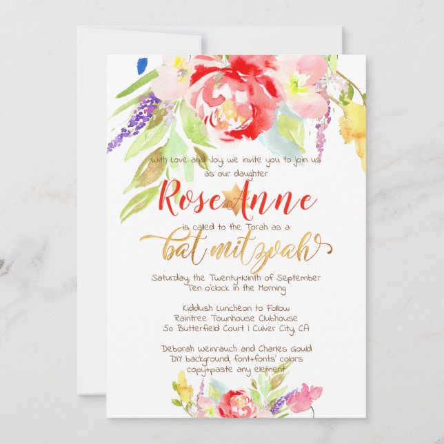 PixDezines Spring Watercolor Blume Bat Mitzvah Einladung (Rückseite)