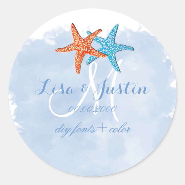 PixDezines starfish/platinblauer Wasserfarbe Runder Aufkleber (Vorderseite)