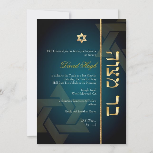 PixDezines Stilvolle Bar Mitzvah/dunkelblau/aquama Einladung (Vorderseite)