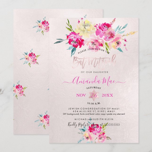 PixDezines Summer Peonies Watercolor Bat Mitzvah Einladung (Vorne/Hinten)