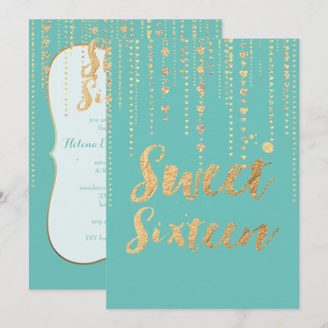 PixDezines süß 16, Golden Hearts Strings Glitzer Einladung (Vorne/Hinten)