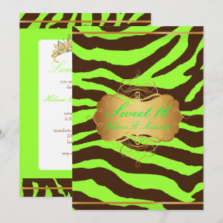 PixDezines SWEET 16/BROWN ZEBRA/DIY NEON GREEN Einladung