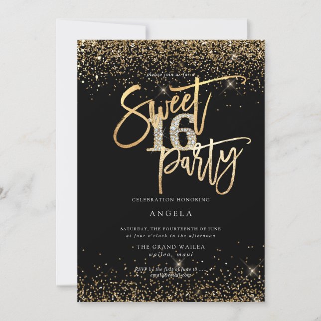 PixDezines Sweet 16 Diamond Black Gold Glitzer Einladung (Vorderseite)