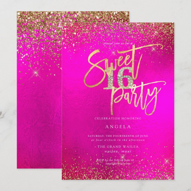 PixDezines Sweet 16 Diamond Glitter Watercolor Einladung (Vorne/Hinten)