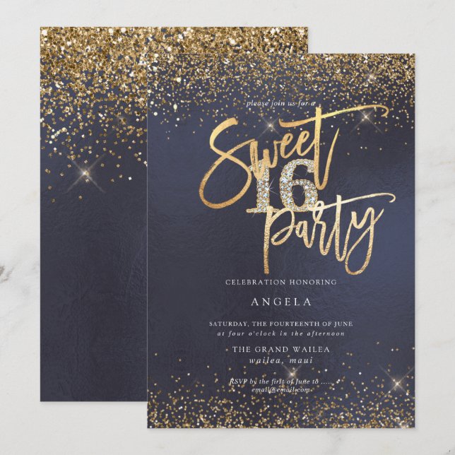 PixDezines Sweet 16 Diamond Glitzer Slate Blue Einladung (Vorne/Hinten)
