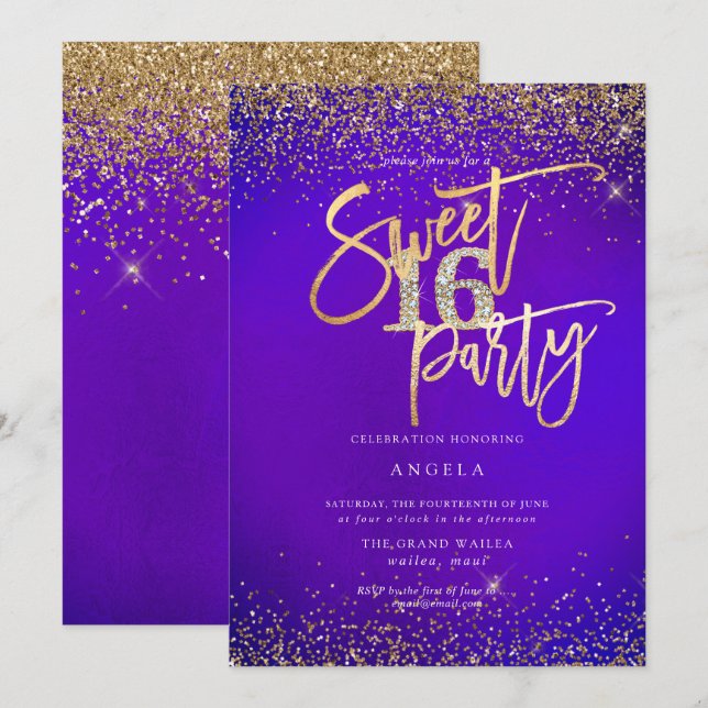 PixDezines Sweet 16 Diamond Glitzer Ultra Violet Einladung (Vorne/Hinten)