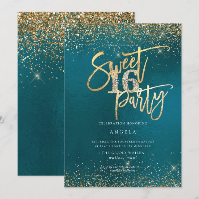PixDezines Sweet 16 Diamond Gold Glitzer Aquamarin Einladung (Vorne/Hinten)