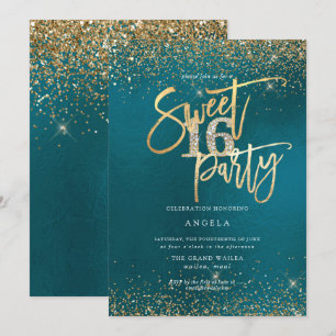 PixDezines Sweet 16 Diamond Gold Glitzer Aquamarin Einladung