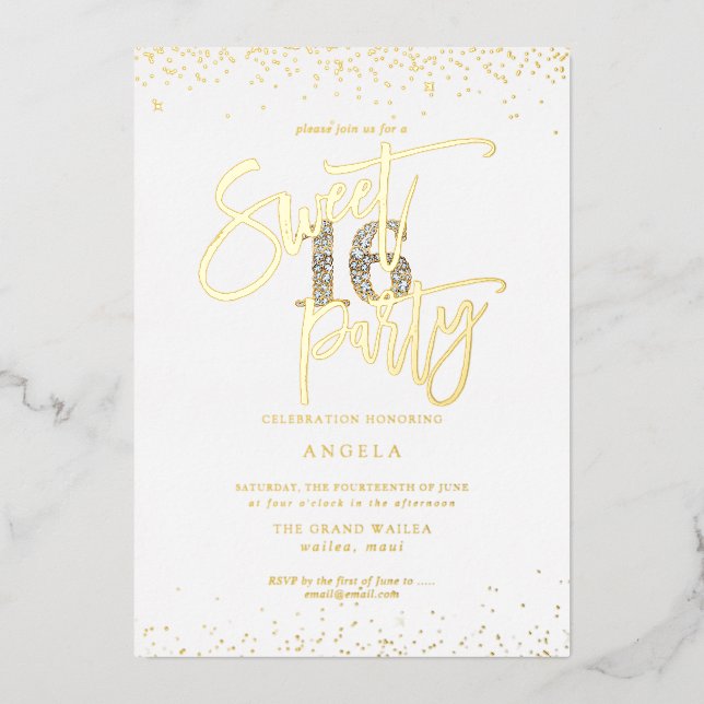 PixDezines Sweet 16 Diamond Silver Gold Folieneinladung (Vorderseite)
