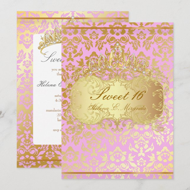 PixDezines SWEET 16/PRINCESS/PINK+GOLD TONE DAMASK Einladung (Vorne/Hinten)