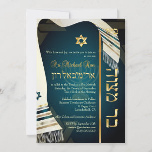 PixDezines Tallit Bar Mizwa/dunkles Tealblau/Gold Einladung