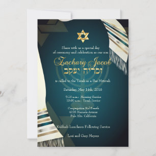 PixDezines Tallit Bar Mizwa/Teal/Gold Einladung