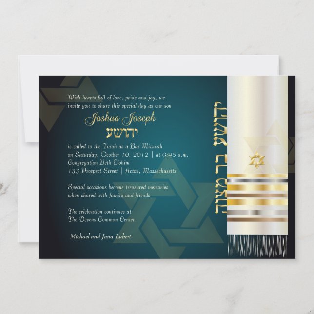 PixDezines tallit/Stilvolle Bar Mitzvah/Asche/Gold Einladung (Vorderseite)