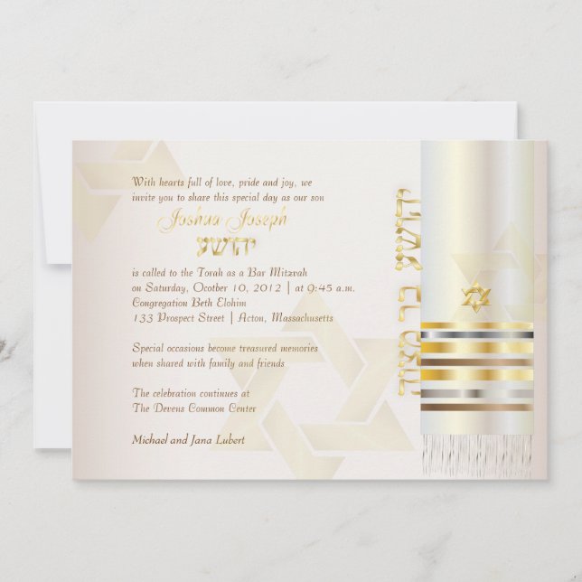 PixDezines tallit/Stilvolle Bar Mitzvah/Asche/Gold Einladung (Vorderseite)