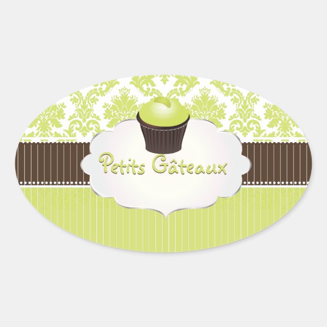 PixDezines-Taste, Limoner Kuchkuchen+Damask/DIY-Fa Ovaler Aufkleber (Vorderseite)