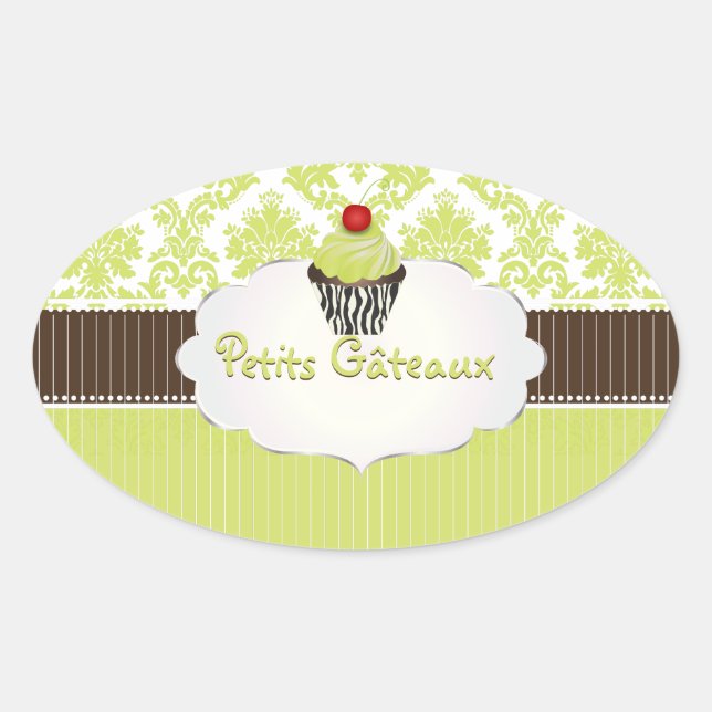 PixDezines-Taste, Limoner Kuchkuchen+Damask/DIY-Fa Ovaler Aufkleber (Vorderseite)
