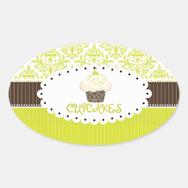 PixDezines-Taste, Limoner Kuchkuchen+Damask/DIY-Fa Ovaler Aufkleber (Vorderseite)