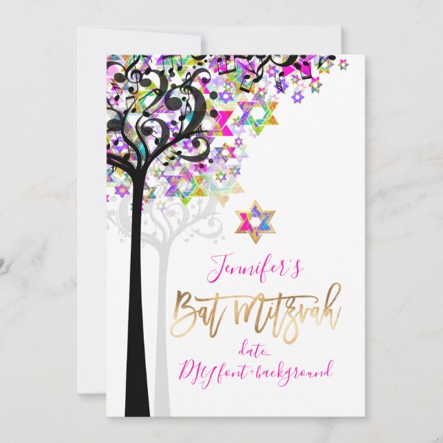 PixDezines TREE DER LEBENSMUSIKNOTEN MITZVAH PINK Einladung (Vorderseite)