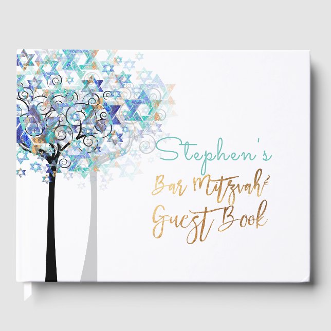 PixDezines Tree of Life Bar Mitzvah/Aqua Blau Gästebuch (Vorderseite)