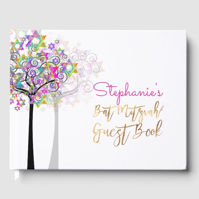 PixDezines Tree of Life Bat Mitzvah/Neon Pink Gästebuch (Vorderseite)