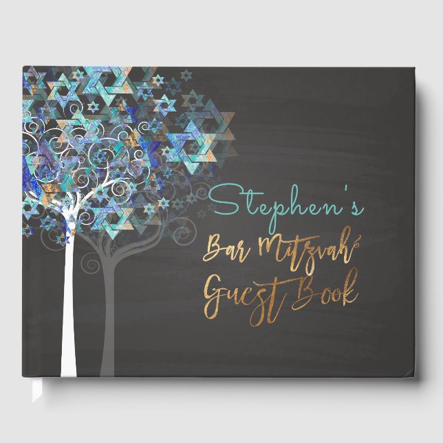 PixDezines Tree of Life Mitzvah/Aqua Blue+Chalkboa Gästebuch (Vorderseite)