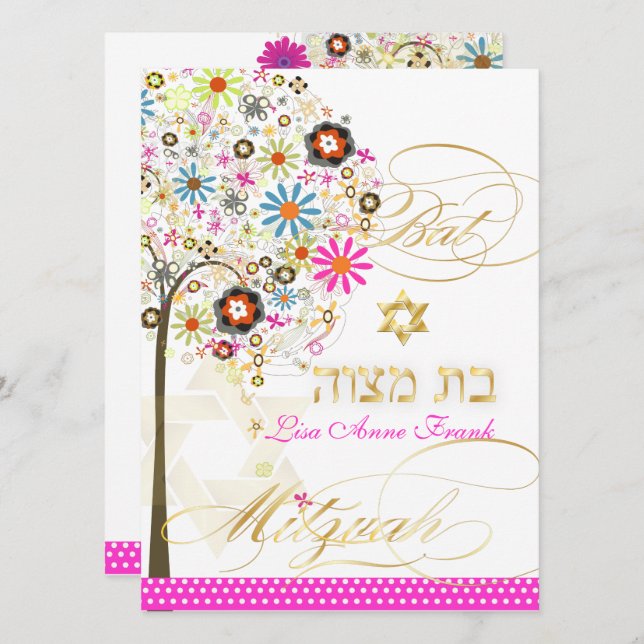 PixDezines TREE VON LEBEN+BLUME BAT MITZVAH Einladung (Vorne/Hinten)