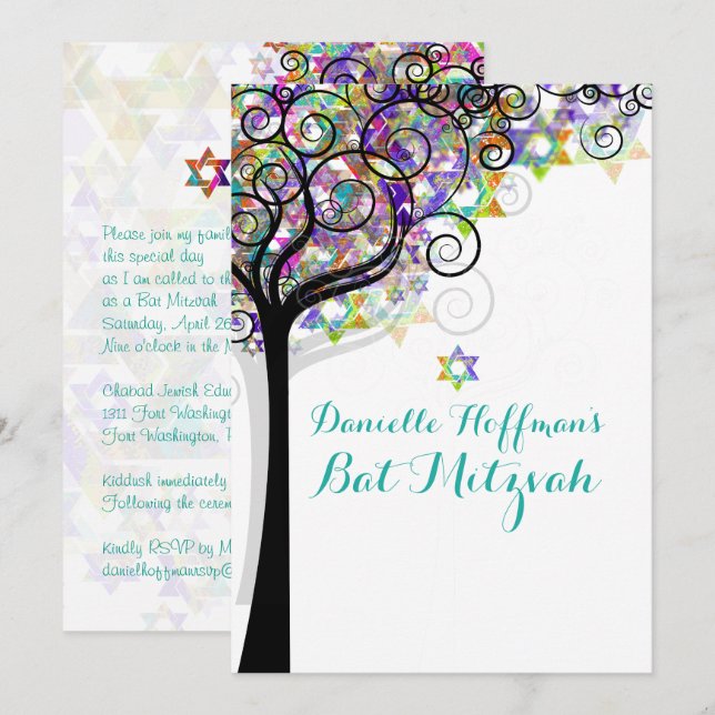 PixDezines TREM OF LIFE BAT MITZVAH/LILA/PINK Einladung (Vorne/Hinten)