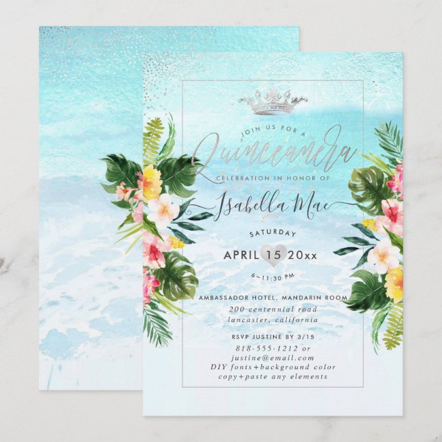 PixDezines Tropische Blume+Strand Quinceanera Einladung (Vorne/Hinten)