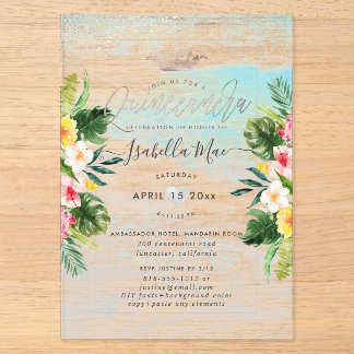 PixDezines Tropische Blumen+Strand Quinceanera Acryleinladungen