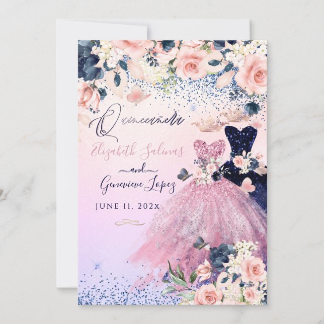 PixDezines Twins Quinceanera Navy Blue+Blush Einladung (Vorderseite)