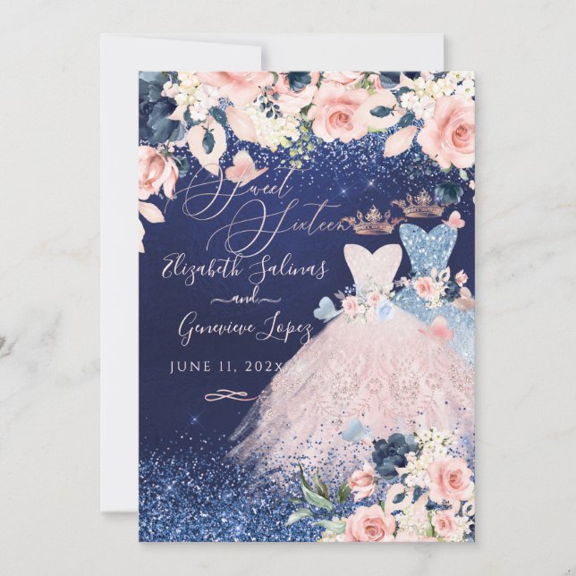 PixDezines Twins Sweet 16 Dusty Blue+Blush Einladu Einladung (Vorderseite)