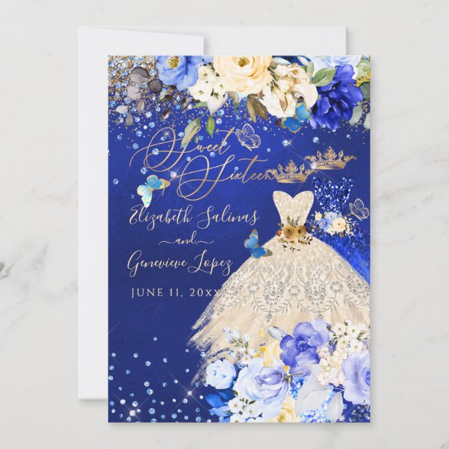PixDezines Twins Sweet 16 Royal Blue Gold Einladung (Vorderseite)