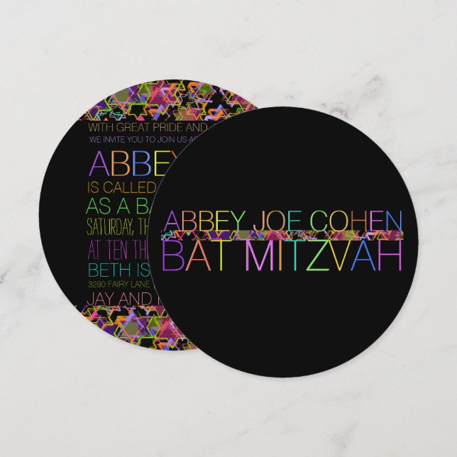 PixDezines Typografie/Neon/Fledermaus Mitzvah Einladung (Vorne/Hinten)
