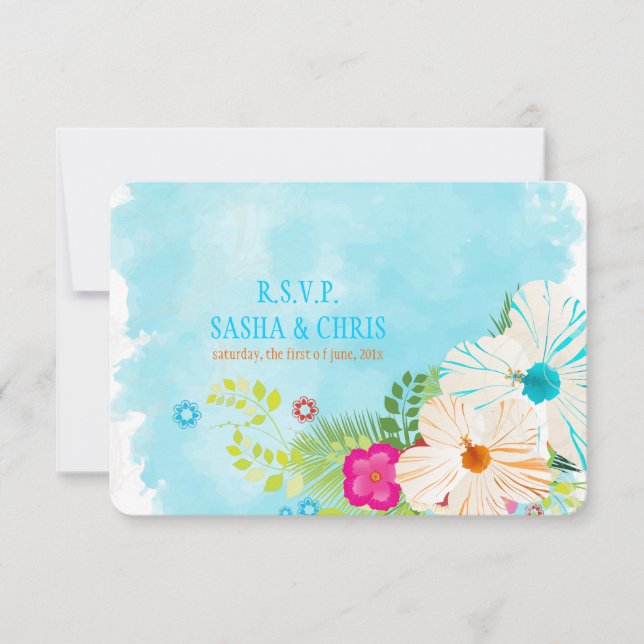 PixDezines uAwg blue+orange Hibiskus RSVP Karte (Vorderseite)