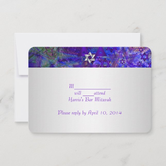PixDezines uAwg/Mod stars/Mitzvah/violett/silber RSVP Karte (Vorderseite)