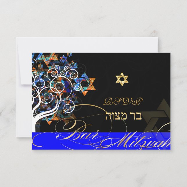 PixDezines uAwg tree+stars, Bar Mitzvah RSVP Karte (Vorderseite)