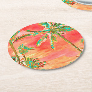 PixDezines Vintag Hawaiian Beach/Coral/Aquamarin Runder Pappuntersetzer