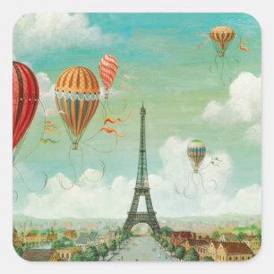 PixDezines Vintage Ballone/Eiffel/Paris Quadratischer Aufkleber