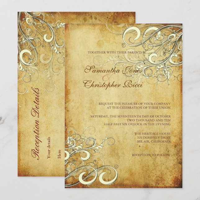 PixDezines VINTAGE CREAM-WIRBEL WEDING INVITATION Einladung (Vorne/Hinten)