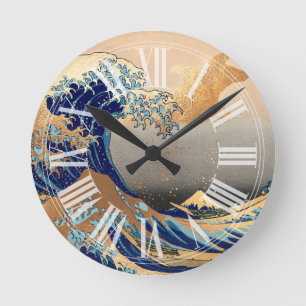 PixDezines Vintage Great Wave Hokusai 葛飾北斎の神奈川沖浪 Runde Wanduhr