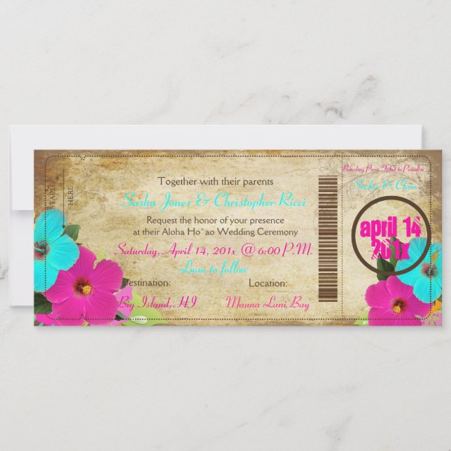 PixDezines Vintager Boarding Pass/Hibiskus Einladung (Vorderseite)