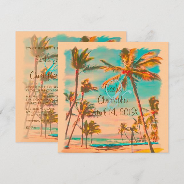 PixDezines VINTAGER HAWAIIANISCHER STRAND/AQUAMARI Einladung (Vorne/Hinten)