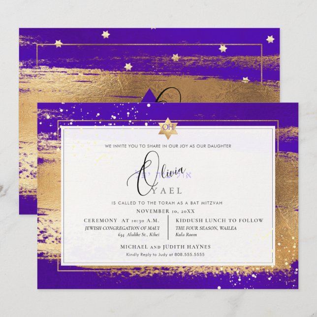 PixDezines VIOLET + GOLD BRUSHSTROKE Mitzvah Einladung (Vorne/Hinten)