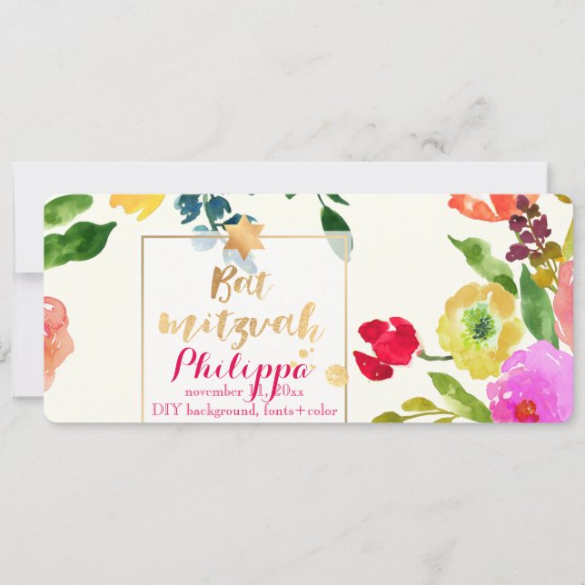PixDezines Wasserfarbe/Floral/Bat Mitzvah Einladung (Vorderseite)