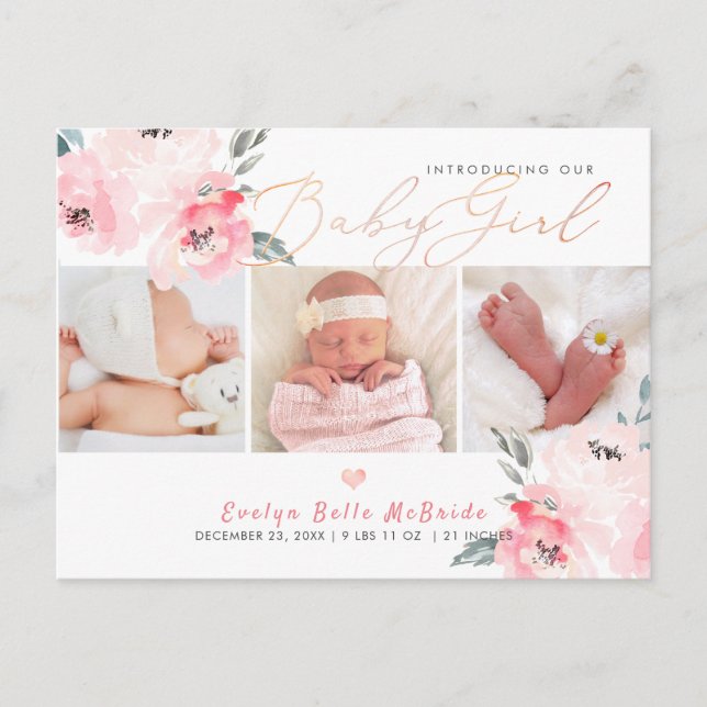 PixDezines Wasserfarben Blume, Girl Birth Postkarte (Vorderseite)