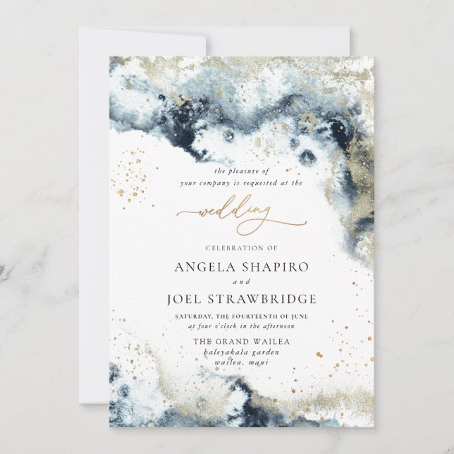PixDezines Watercolor Abstrakt Ocean Gold Meeresra Einladung (Vorderseite)