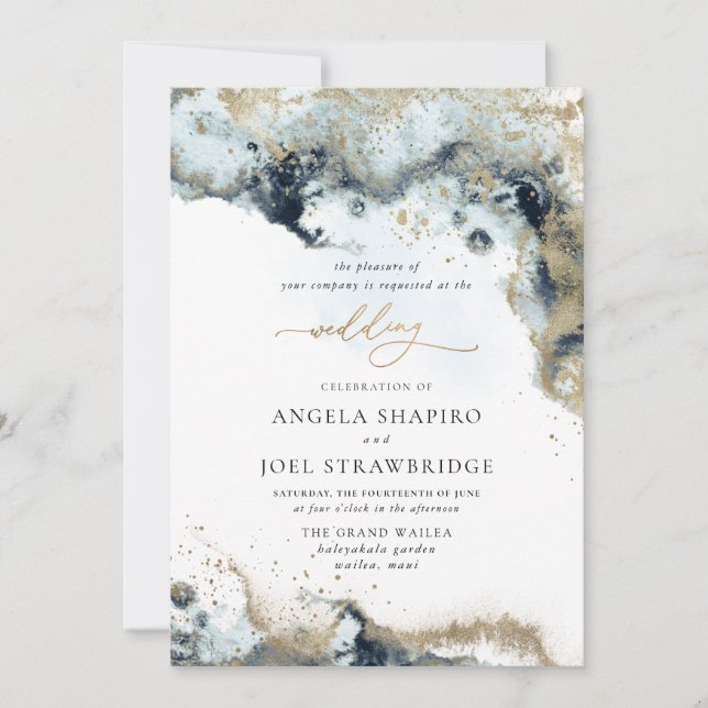 PixDezines Watercolor Abstrakt Ocean Gold Meeresra Einladung (Vorderseite)
