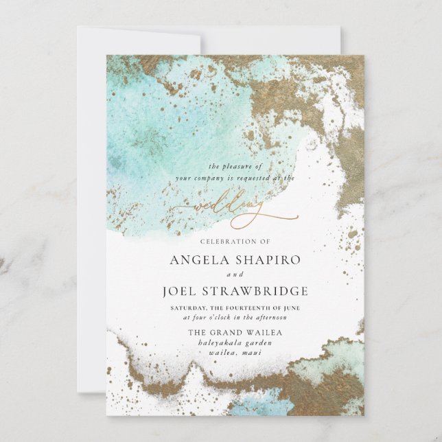 PixDezines Watercolor Abstrakt Ocean Gold Meeresra Einladung (Vorderseite)