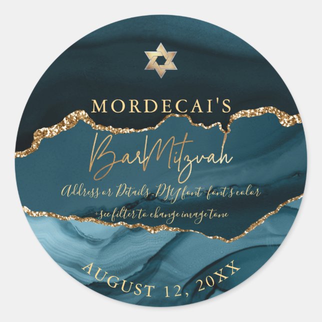 PixDezines Watercolor Aquamarin Agate Bar Mitzvah  Runder Aufkleber (Vorderseite)